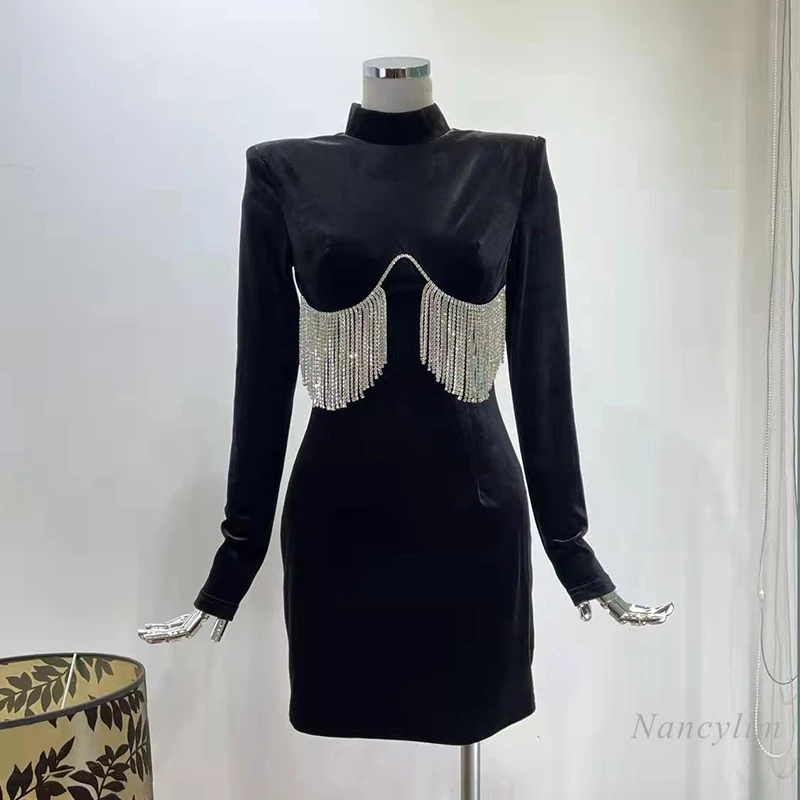 New Elegant Socialite Evening Party Dress for Women Spring Velvet Dresses Slim Long Sleeves Black Shiny Rhinestones Tassel 2022