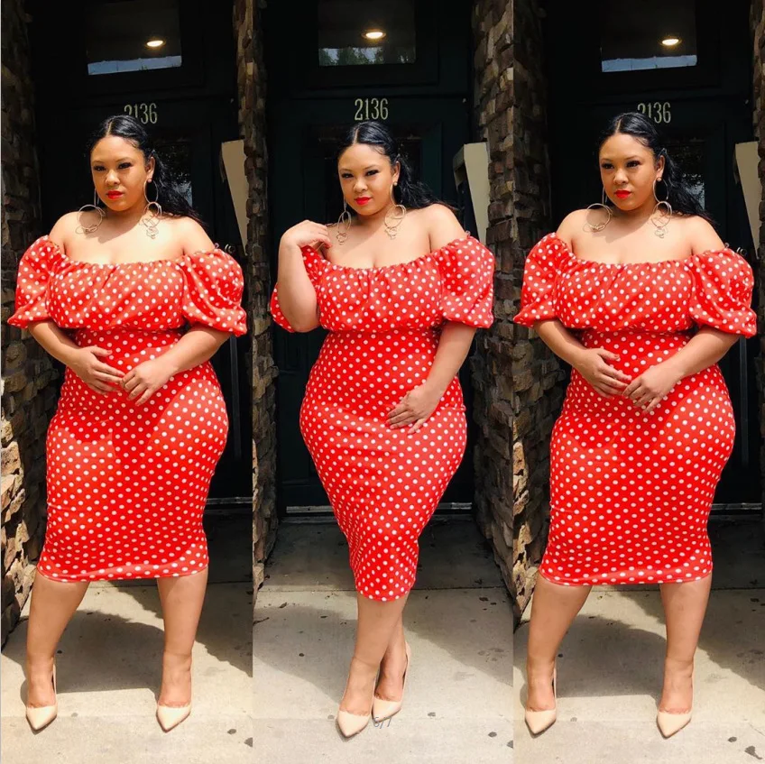 Женская обувь с узором в горошек рукавами фонариками платья размера плюс XXXXL