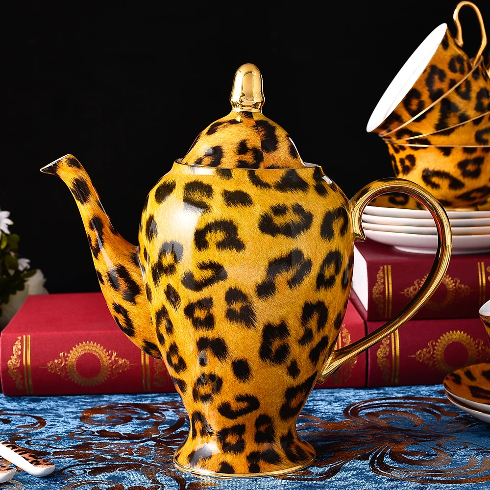 Juego de t&eacute; de cer&aacute;mica con estampado de leopardo para Hotel, calcoman&iacute;a exquisita de 15 piezas, l&iacute;nea dorada de lujo, venta al por mayor-1