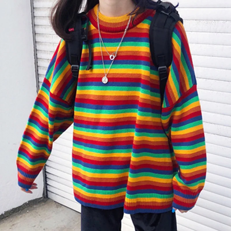 Rainbow Женский корейский Harajuku Hong Kong-Ароматизированный Свободный Полосатый свитер женские свитера японский Kawaii одежда ulzzang для женщин ins - Цвет: Rainbow