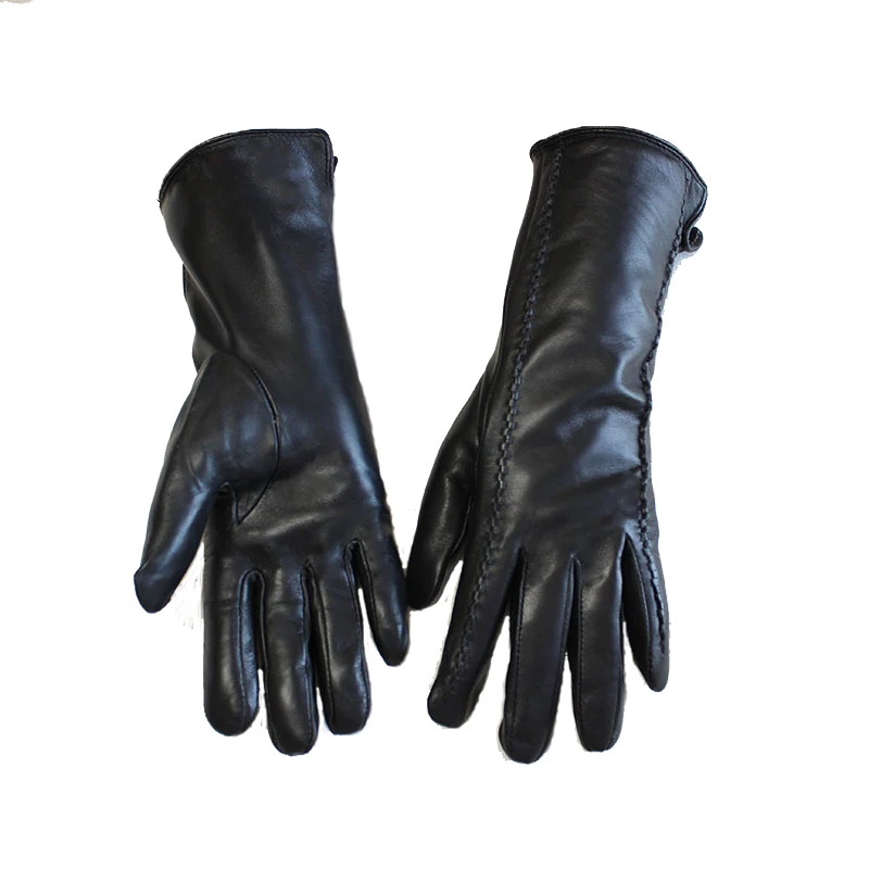 Leather gloves women's sheepskin gloves long stripe style plus velvet warm autumn and winter windproof gloves free shipping