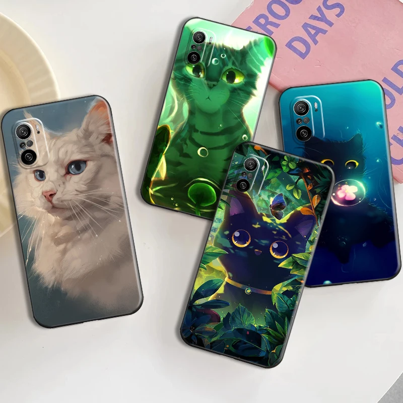 

Phone Case For Xiaomi POCO F3 GT X3 Pro GT NFC M3 Pro Redmi 9i 9AT 9T 9A 9C Note 9T Cute Cat Mountain Forest Water Black Cover