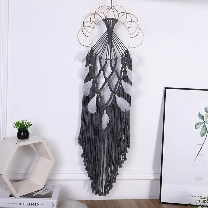 

Macrame Wall Hanging Dream Catcher Boho Handmade Woven Tassel Feather Tapestry for Kids Room Wedding Decoration