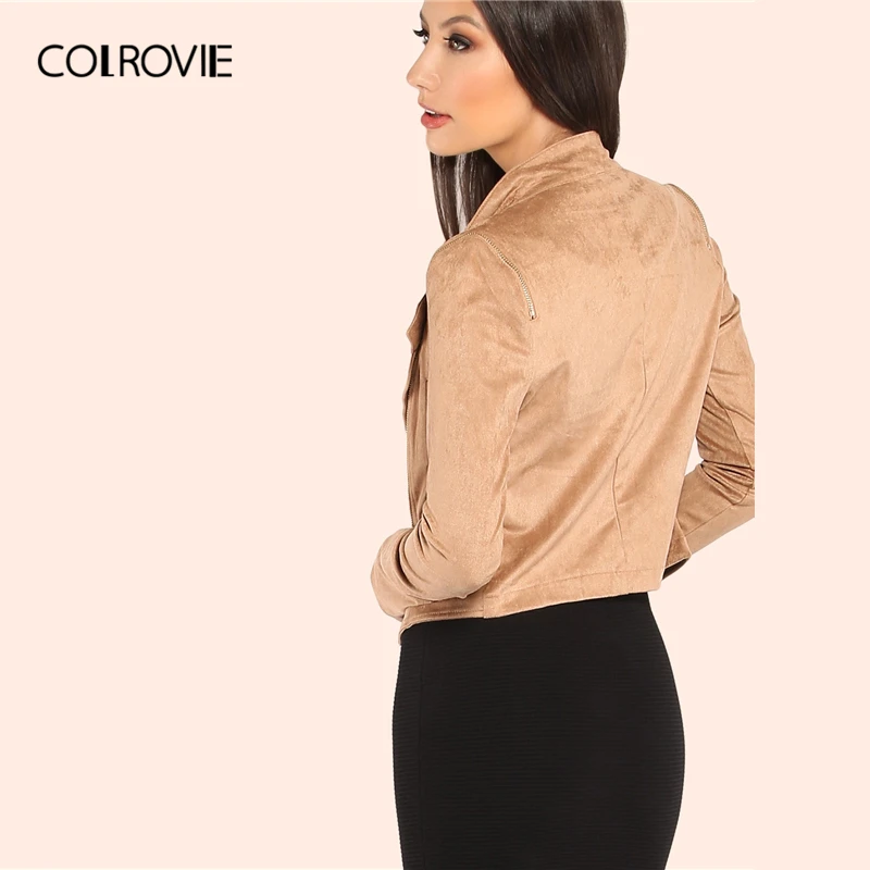 COLROVIE Camel Suede Moto куртка Женская мода осень уличная Женская молния укороченный байкерская куртка однотонная Повседневная Верхняя одежда