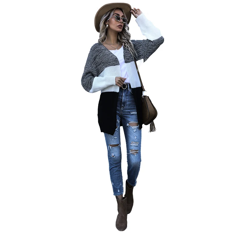 

Medium length knitted cardigan sweater women's new loose V-neck color matching coat in autumn and winter