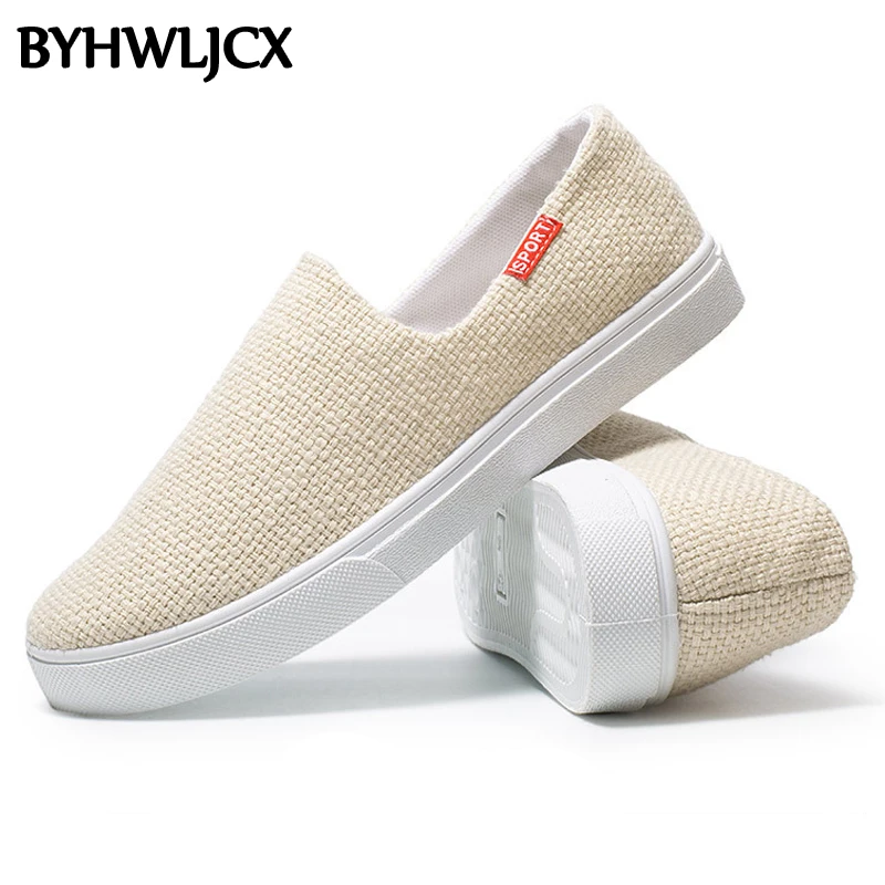 Мужские льняные туфли дышащие Эспадрильи на плоской подошве Белые Повседневные