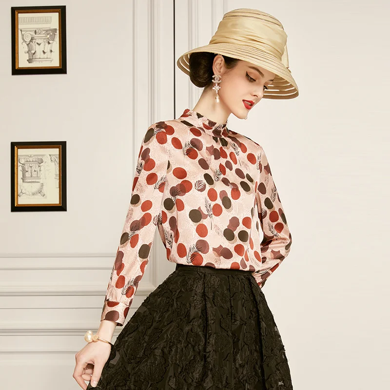 

SHZQ Silk Shirt 2021 Autumn New Wave Point Stand Collar Long Sleeve Top Fashion Mulberry Silk Shirt Women