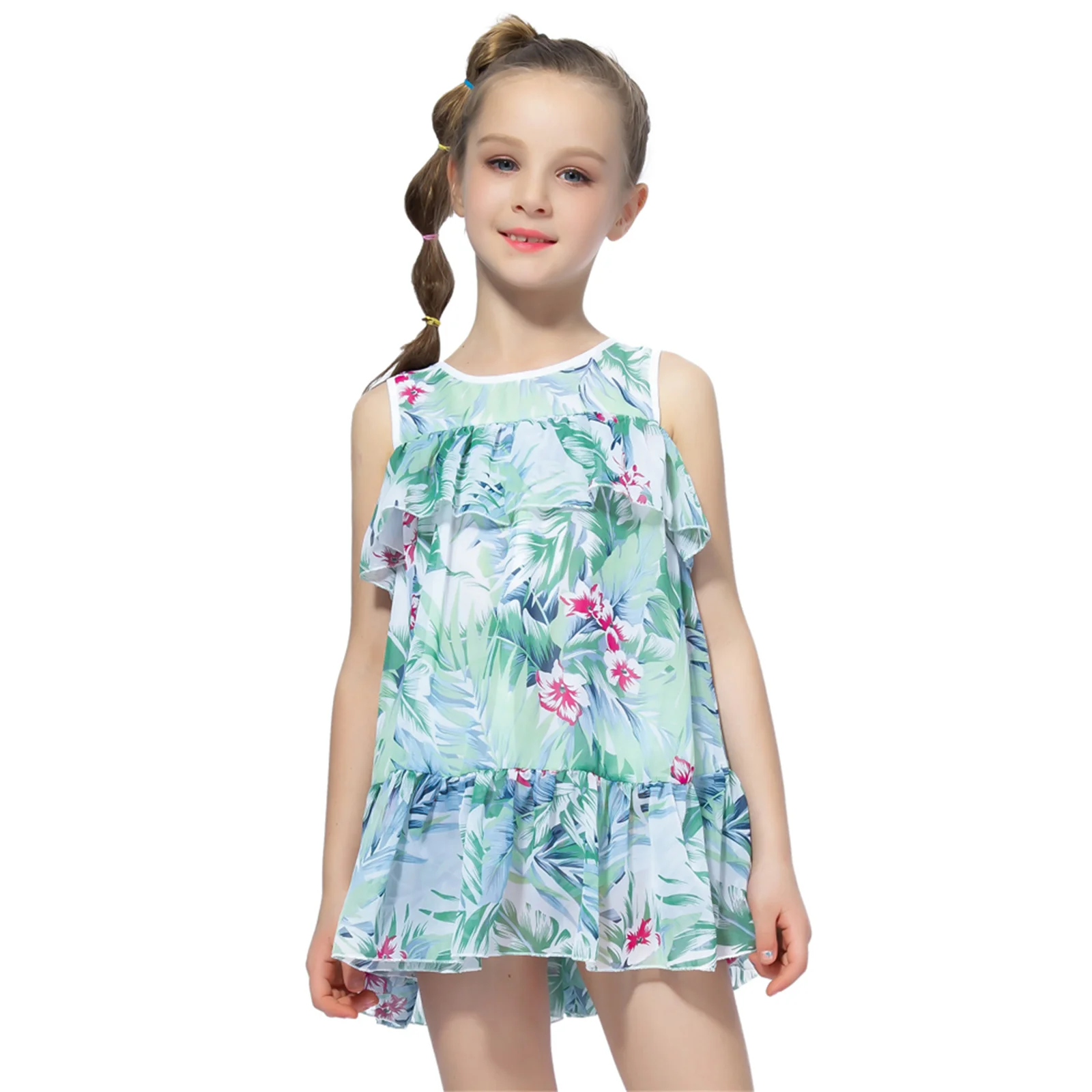 

Girls Dress Sleeveless Ruffle Flower Print Princess Tutu Dress Summer 2021 Party Kids Dresses For Girls Children Clothing