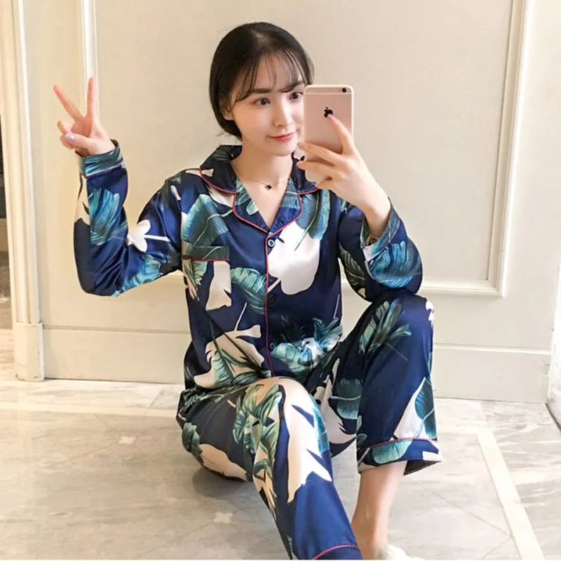 Женская пижама размера плюс LYun пижамный комплект на весну и осень шелковая