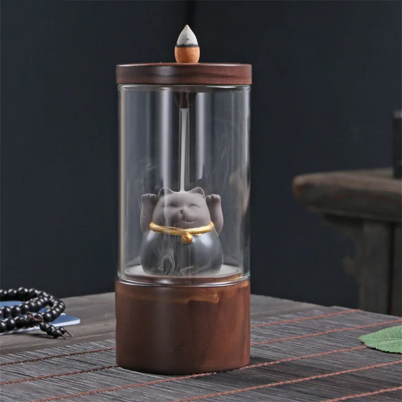 Античная курильница с обратным потоком в виде кошки со стеклянной крышкой