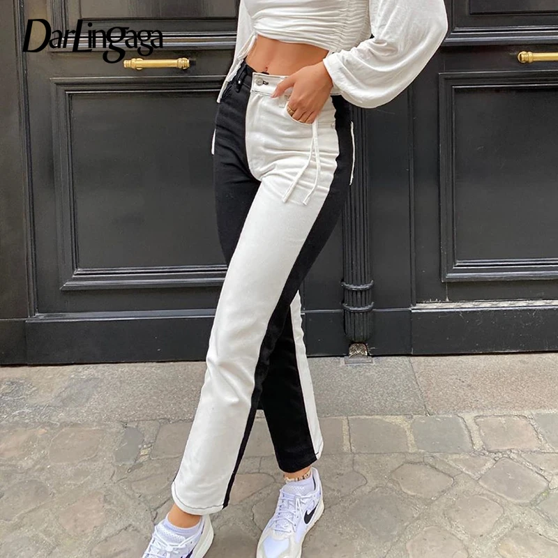 

Darlingaga Fashion Black White Patchwork Woman Jeans Straight Skinny High Waisted Denim Pants Slim Long Trousers New Outfits
