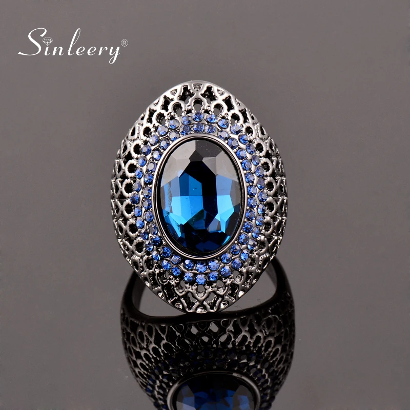 

SINLEERY Luxury Vintage Blue Cubic Zircon Hollow Big Rings For Women Wedding Engagement Birthday Gift Black Gun Color JZ529 SSSI