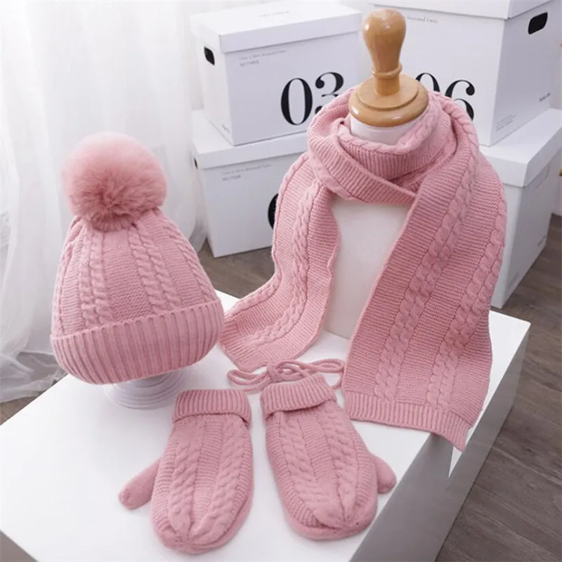 Kids Hats Scarfs Glove 3 Pcs Sets Child Knitted Pompom Beanies Hat Suit Solid 2020 Winter Warm Boys Girls Cap Scarves 1-5T