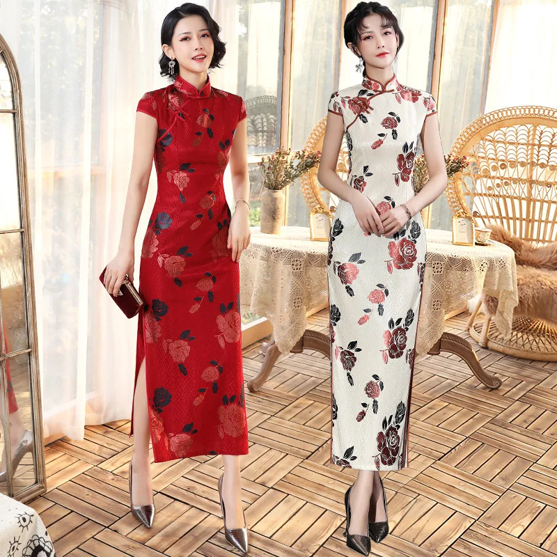 

FZSLCYIYI Vintage Oversize 3XL Novelty Short Chinese Formal Lace Dress Chinese Style Women Lace Qipao Elegant Lady Cheongsam