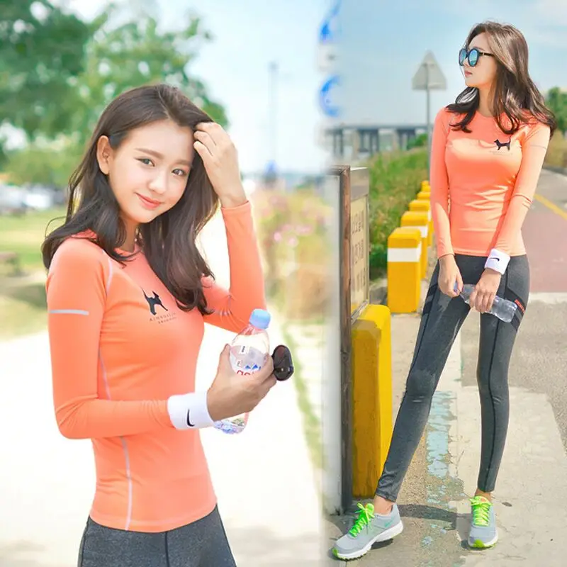 Футболка женская спортивная оранжевая Топ с длинным рукавом комплект для йоги