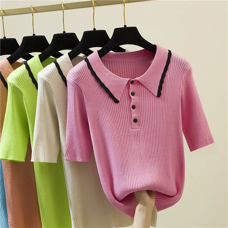 

Casual Slim Sweater Women 2021 Summer Pullovers Turn-Down Collar Thin Knitted Woman Sweaters Short Sleeve Tops Button Sweater