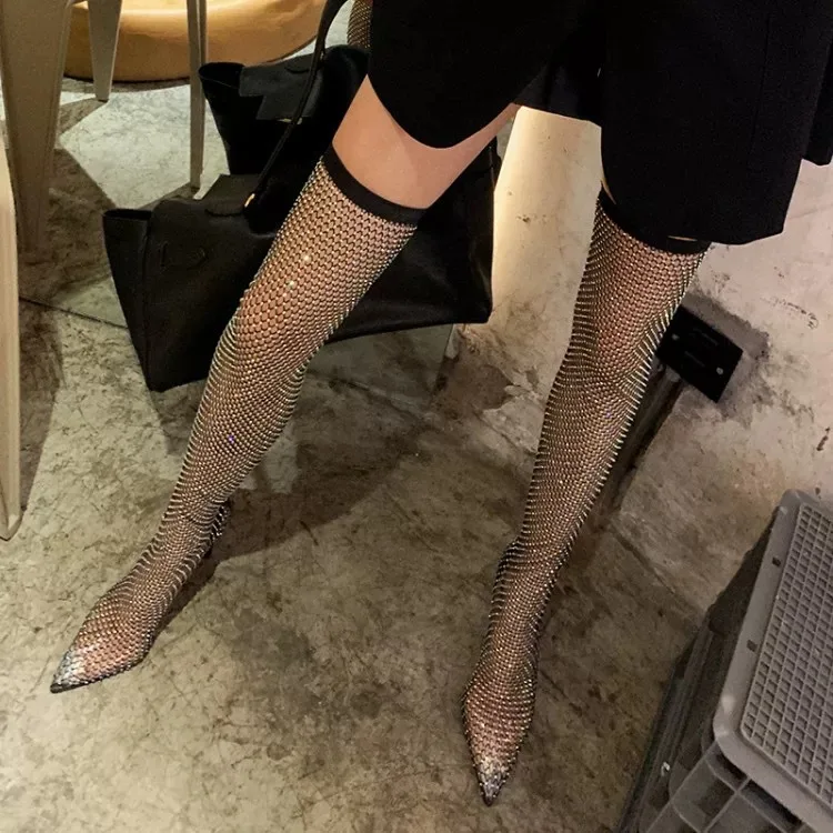 

2020 star's same cool boots, high heel, thin heel, back zipper, rubber sole, high tube, over knee, diamond mesh high heels