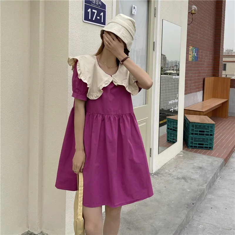 

Summer 2021 New Korean Style Loose Slimming Peter Pan Collar Short Sleeve Sweet Dress Women's Clothing Gentle Skirt