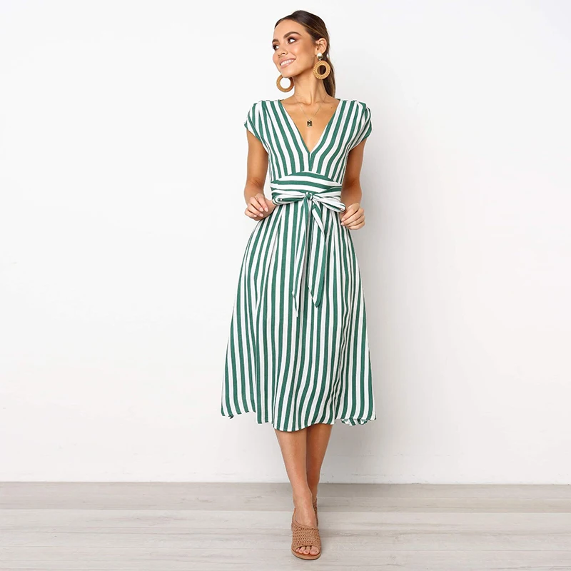 

Summer Women Dress 2020 Striped V Neck High Waist Elegant Ladies Dresses Knee Length Casual Sexy Party Midi Dress Women