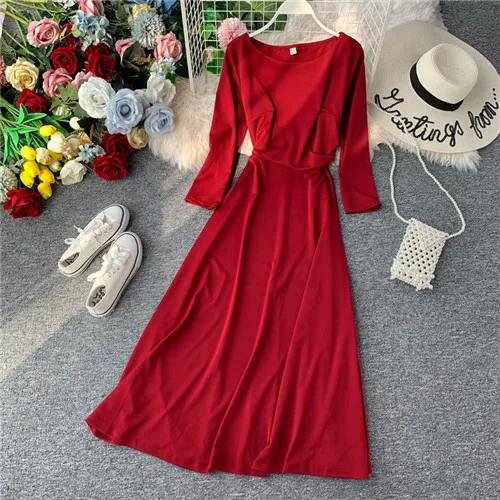 Винтажное тонкое осеннее длинное платье миди весенние вечерние платья vestido de festa Женские повседневные 3/4 рукава А-силуэта элегантные ретро платья - Цвет: red