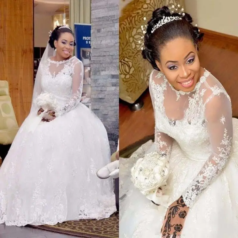 

Plus Size wedding Dresses Sexy sheer neck Long sleeves A Line LAce Bridal Gown custom Made South African Vestido De Novia