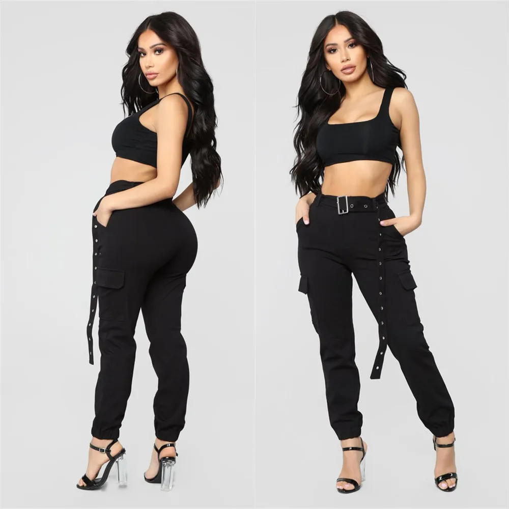 

55LS6298 Autumn Winter Women Casual Fashion Cool Streetwear Solid Sports Tie Feet Overalls with Belt Hot