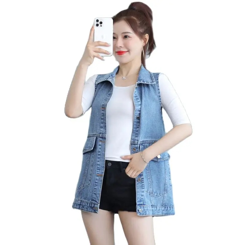 

Джинсовая безрукавка в стиле оверсайз, женская модная свободная жилетка средней длины без рукавов, женская верхняя одежда, новинка 2021, ковбойский жилет для женщин