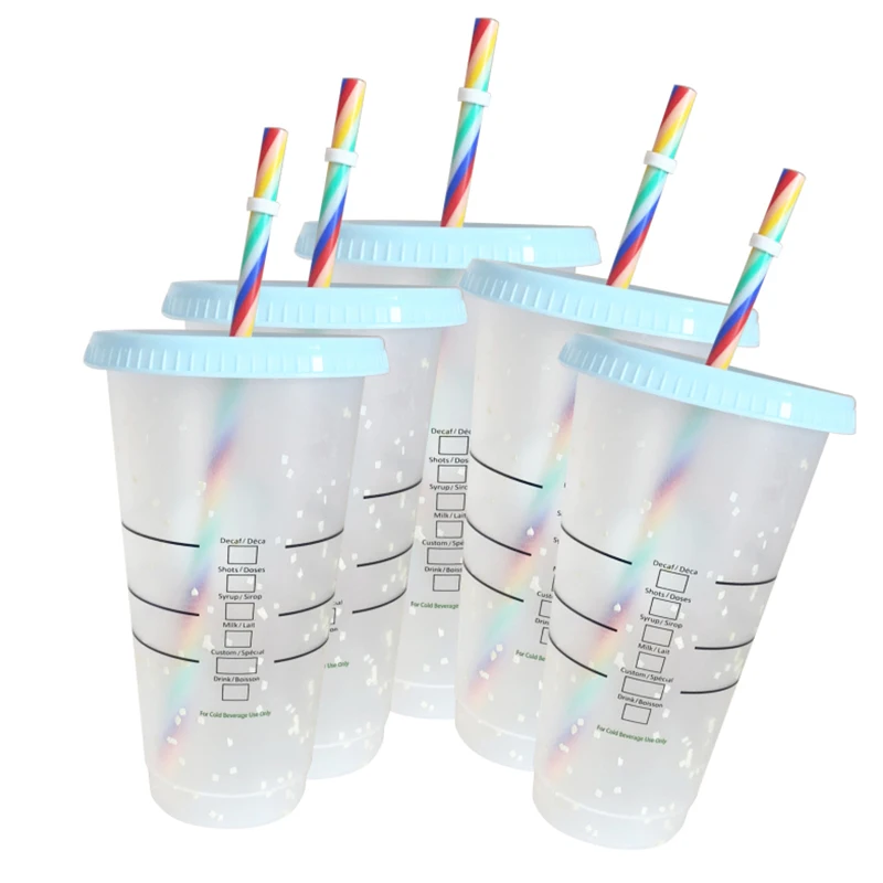 

1/5PCS Straw Cup With Logo And Scale Reusable Colour Cup Magical Plastic Cold Water Color Changing Cup Tumbler Discoloration