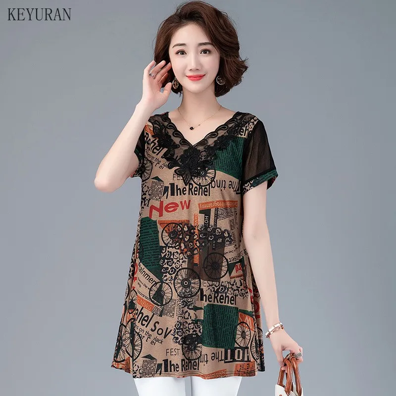 Women Summer V-Neck Lace Blouses Multicolor Print Shirts Lady Casual Short Sleeve Female Plus Size Blusas Tops | Женская одежда