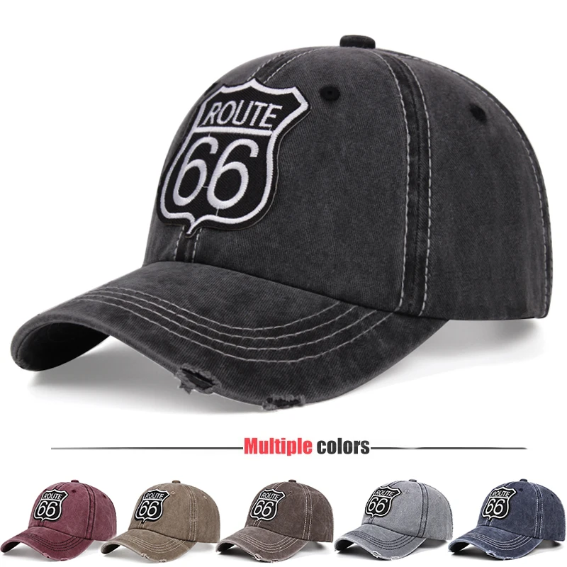 

2021Trends ROUTE 66 embroidery retro washed ladies hat unisex sun hat baseball cap for men adjustable denim dad hat