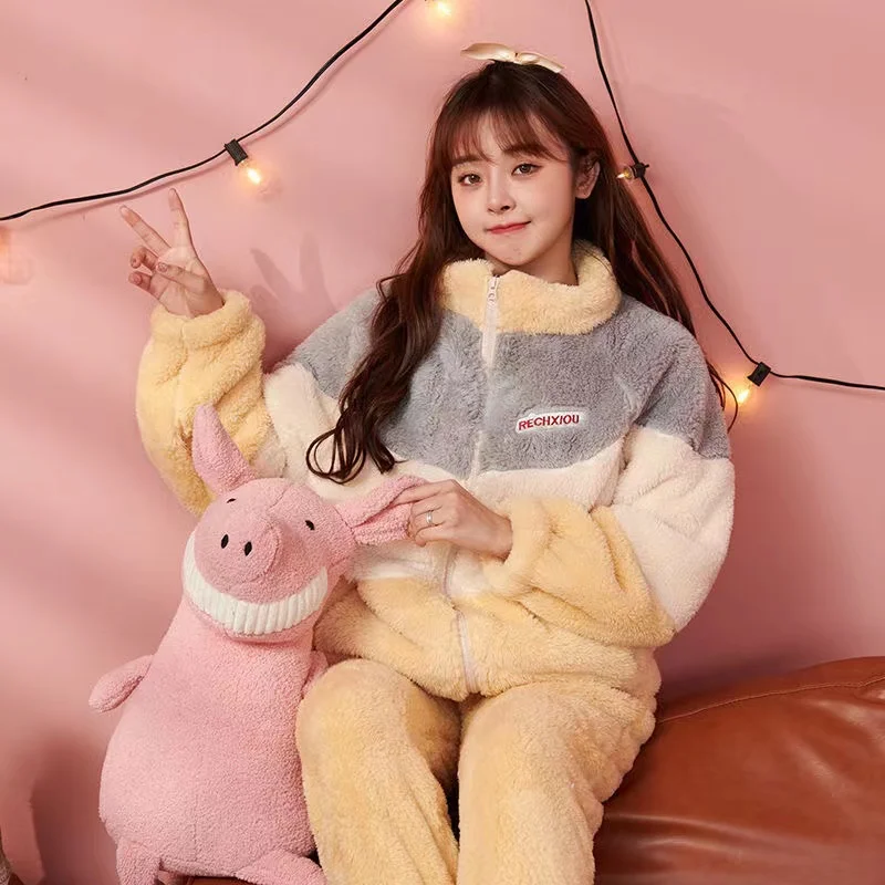 Coral Fleece Pajamas Sets For Women Winter Thick Warm Sleepwear 2 Pieces/Set Loungewear Pyjamas Suit Homewear Clothes