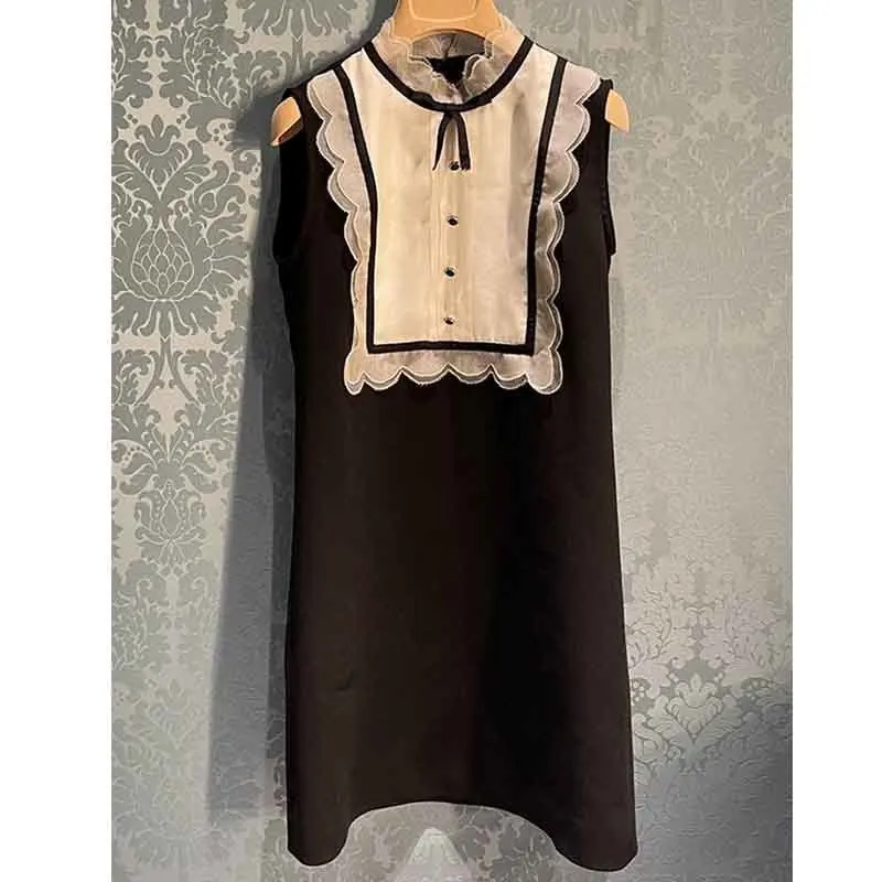 

Dress Women Vest Organza Short Dresses Stand Collar Sleeveless Bow Black White Patchwork Vintage Party Elegant Dress