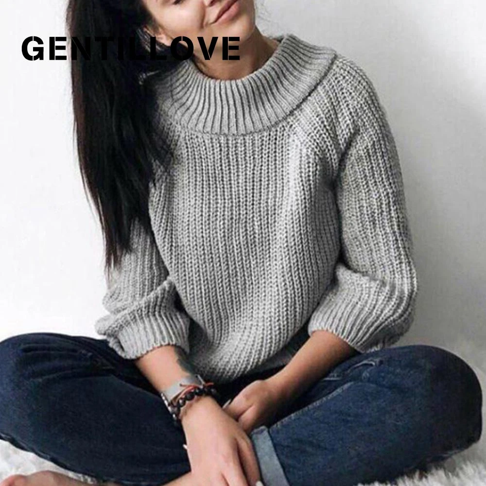 

Gentillover Solid Sweet Pullover for Women Autumn Puff Sleeve O Neck Loose Sweater Casual Knitting Jumpers Harajuku Tops 2019