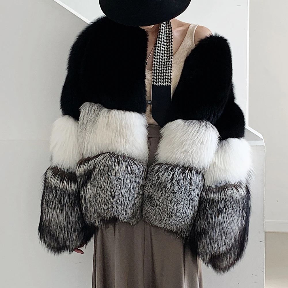 Luxury Women Natural Fox Fur Jacket Round Collar Fashion Color Patchwork Genuine Fox Fur Coats Female Thick Warm Fur Overcoats