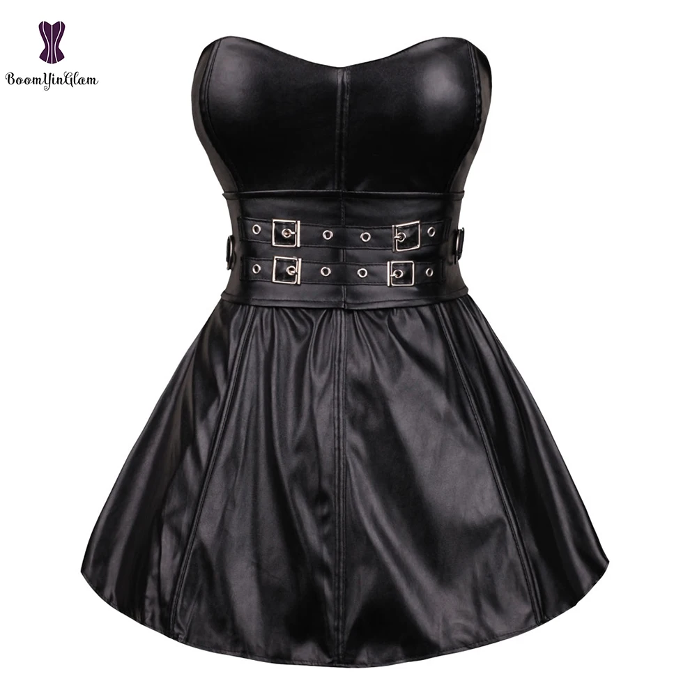 

Women Sexy Leather Corsets Skirt Burlesque Zip Steampunk Dresses Bustiers Overbust Plus Size Lingerie 9003#