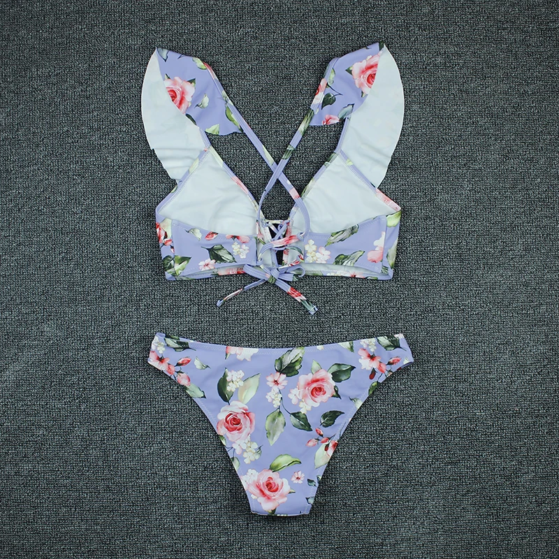 

Sexy Bikini 2020 New Print Floral Swimwear Women Lace Up Low Waist Bikinis Set Push Up Brazilian Swimsuit Ruffle Bathing Suit L