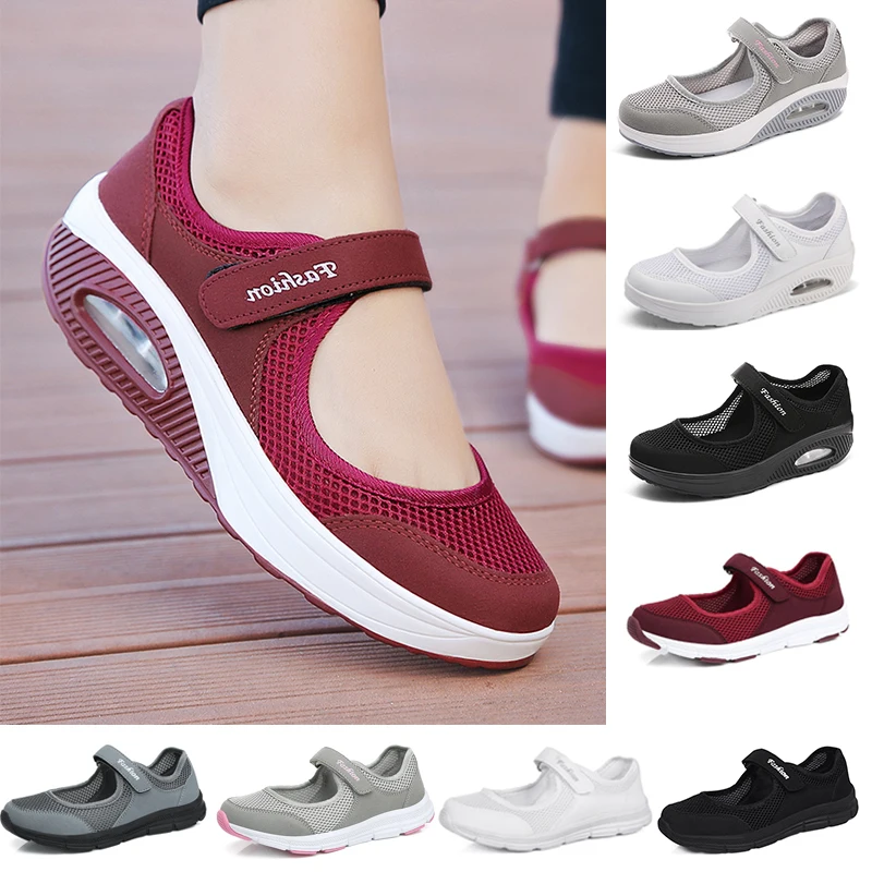 

Women Tennis Shoes Breathable Mesh Velcro Height-increasing Non-slip Female Footwear Outdoor Walk Sneakers Thick Bottom Platform