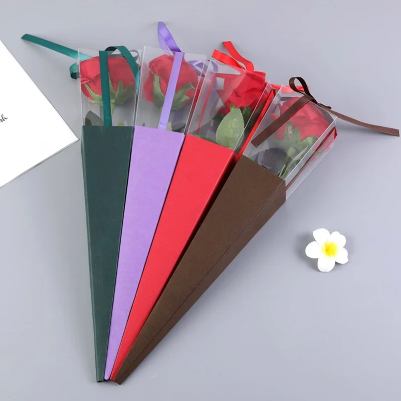 

8 Colors Transparent Flower Package Box Triangle Single Rose Packaging Paper Box Empty Vintage Thanksgiving Valentine's Day Gift