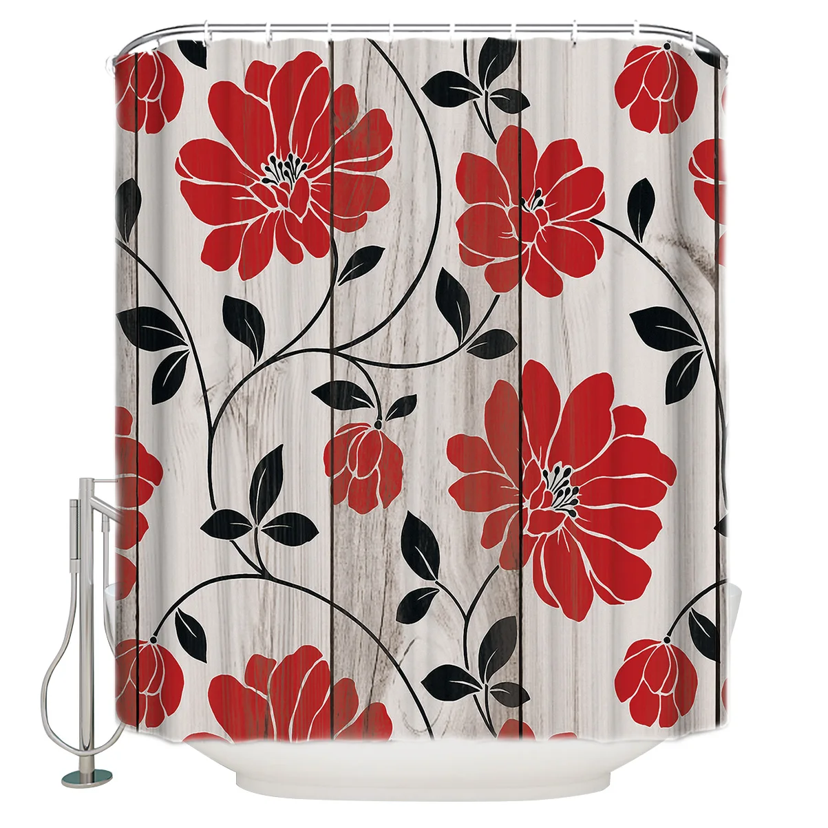 Винтажный деревянный текстурированный фон с бесшовным рисунком красных цветов