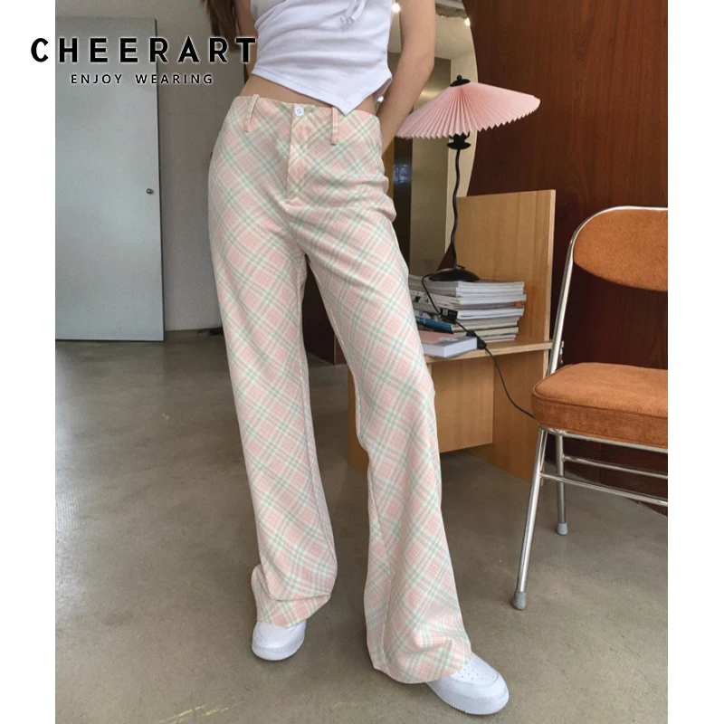 

Женские клетчатые брюки CHEERART, розовые расклешенные брюки с высокой талией, винтажные штаны в стиле 90-х, летние длинные брюки, одежда 2021