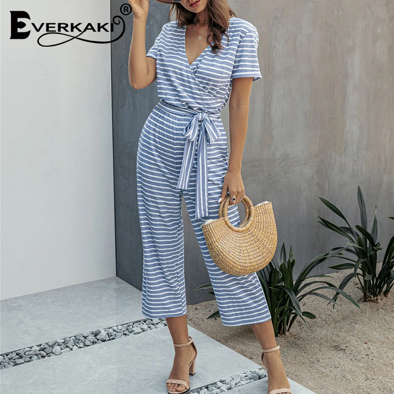 

Everkaki Striped Print Rompers Jumpsuits Women Cotton with Belt Summer Beach Casual Outfits Boho Plus Size Jumpsuits Female 2021