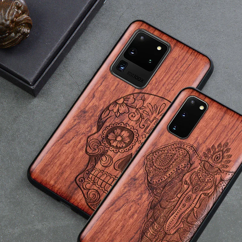 

Резной деревянный чехол для телефона с черепом и слоном для Samsung Galaxy s20, s10, s10 +, note 10 plus, Samsung s20, ультрасиликоновый Деревянный чехол