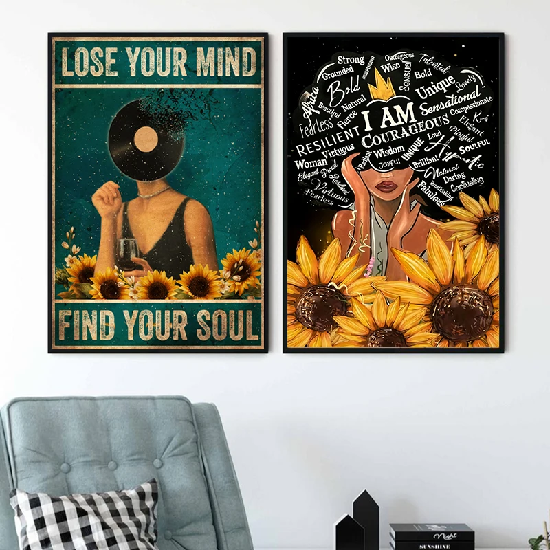 

Girl Power Black Woman Sunflower Queen Posters Prints Wall Art Canvas Painting Wall Pictures For Living Room Home Decor Unframed