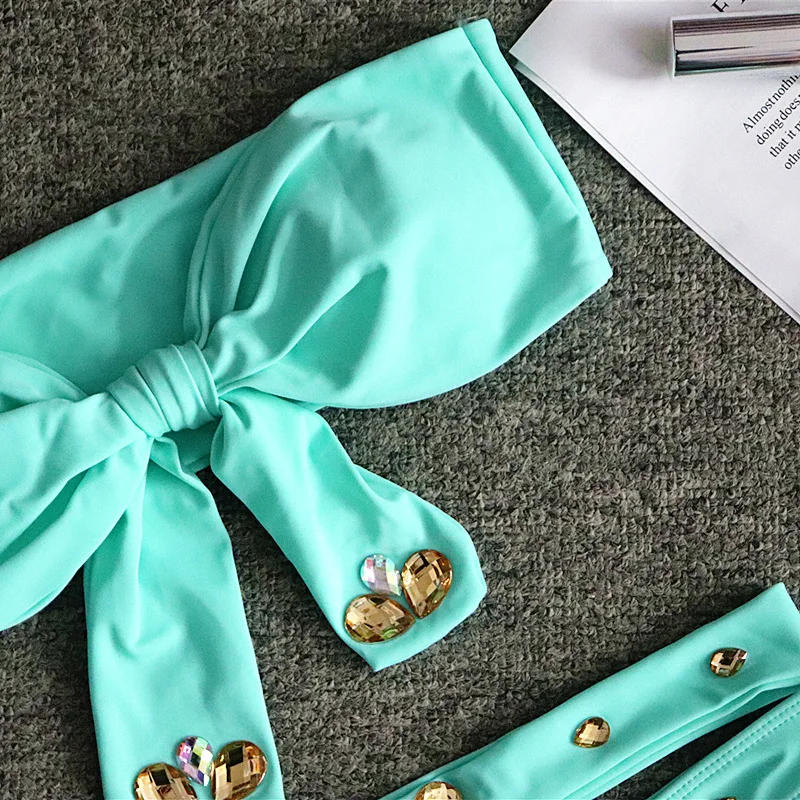 Женский купальник-бикини со стразами однотонный небесно-голубой купальник с