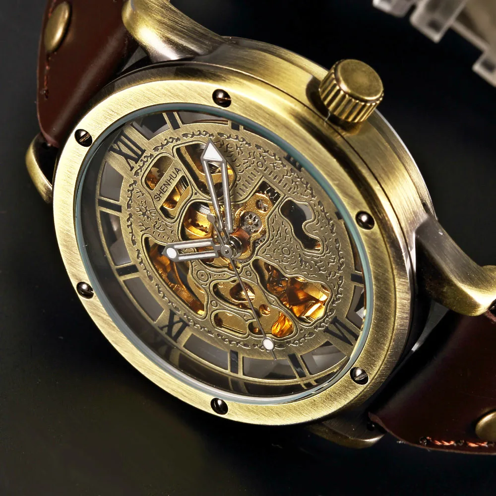 

SHENHUA Retro Bronze Skeleton Mechanical Watch Men's Automatic Watches Leather Sports Top Luxury Brand Clocks Relogio Masculino