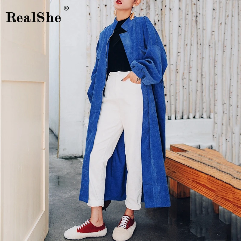 RealShe длинное пальто для женщин стоячий воротник рукав фонарик сплошные пакеты