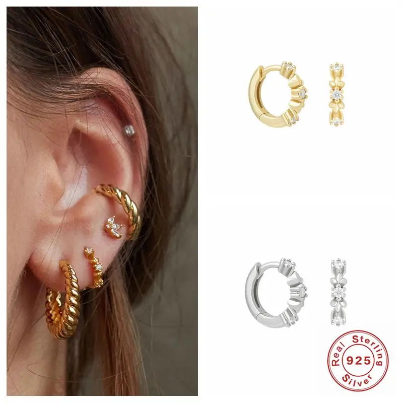 

Aide New 100% 925 Sterling Silver Hoop Earrings Cute CZ Zirocn Small Flower Round Earrings Female Charm Jewelry Gift Pendientes