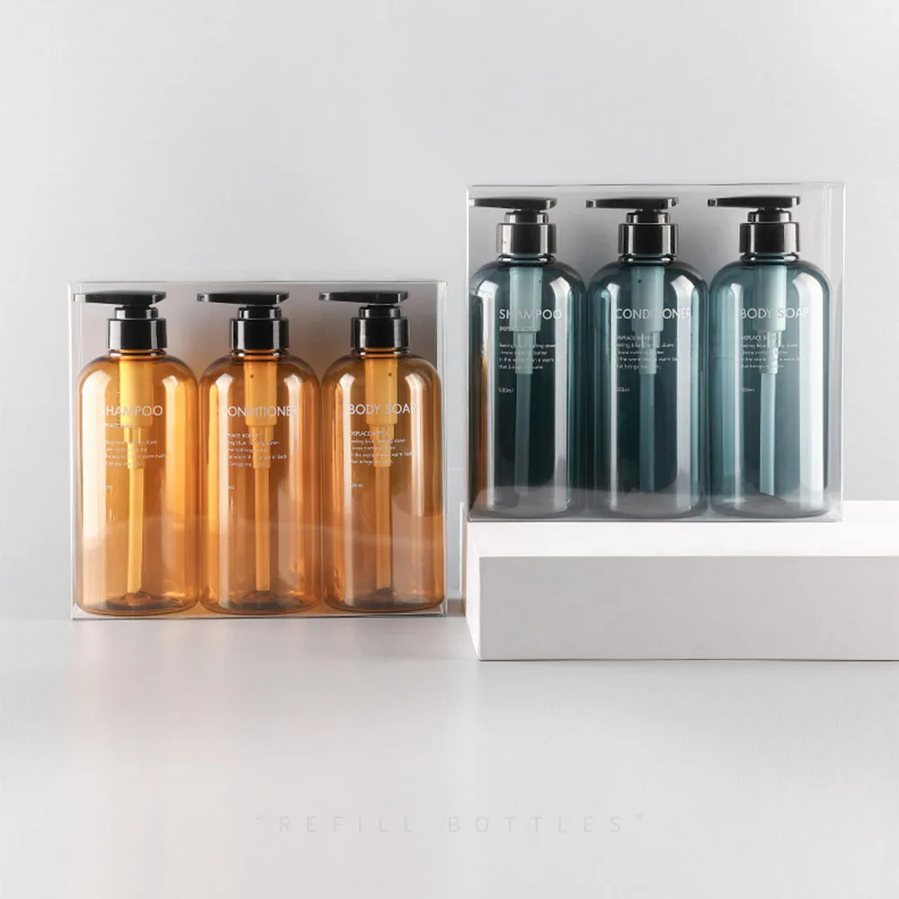 

3-in-1 Soap Dispenser, 300ml & 500ml Refill Empty Bottle, Bath Body Soap & Shampoo Bottles, Plastic Pump