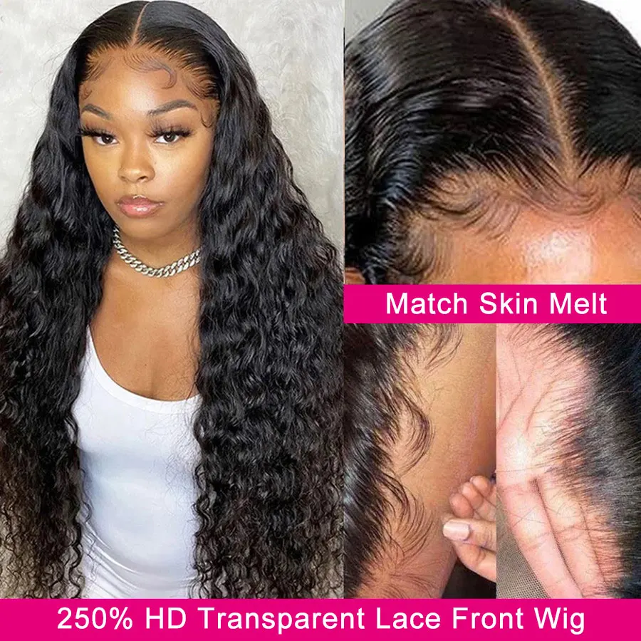 250% Curly Lace Wig HD Transparent Wigs For Women Cheap Human Hair Brazilian Remy TPart Deep Wave | Шиньоны и парики