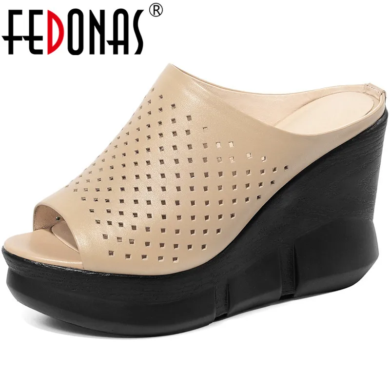 

FEDONAS New Genuine Leather Pumps Wedged Platforms High Heels Sandals Peep Toe Vintage Slippers Summer Basic Working Shoes Woman